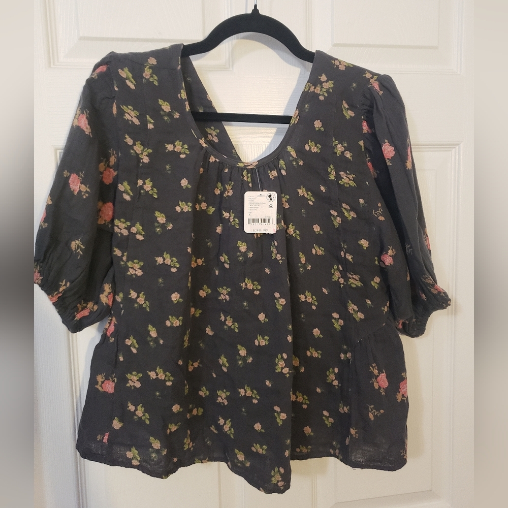 Free People Black Blouse with 3/4 Sleeves and Relaxed Fit
